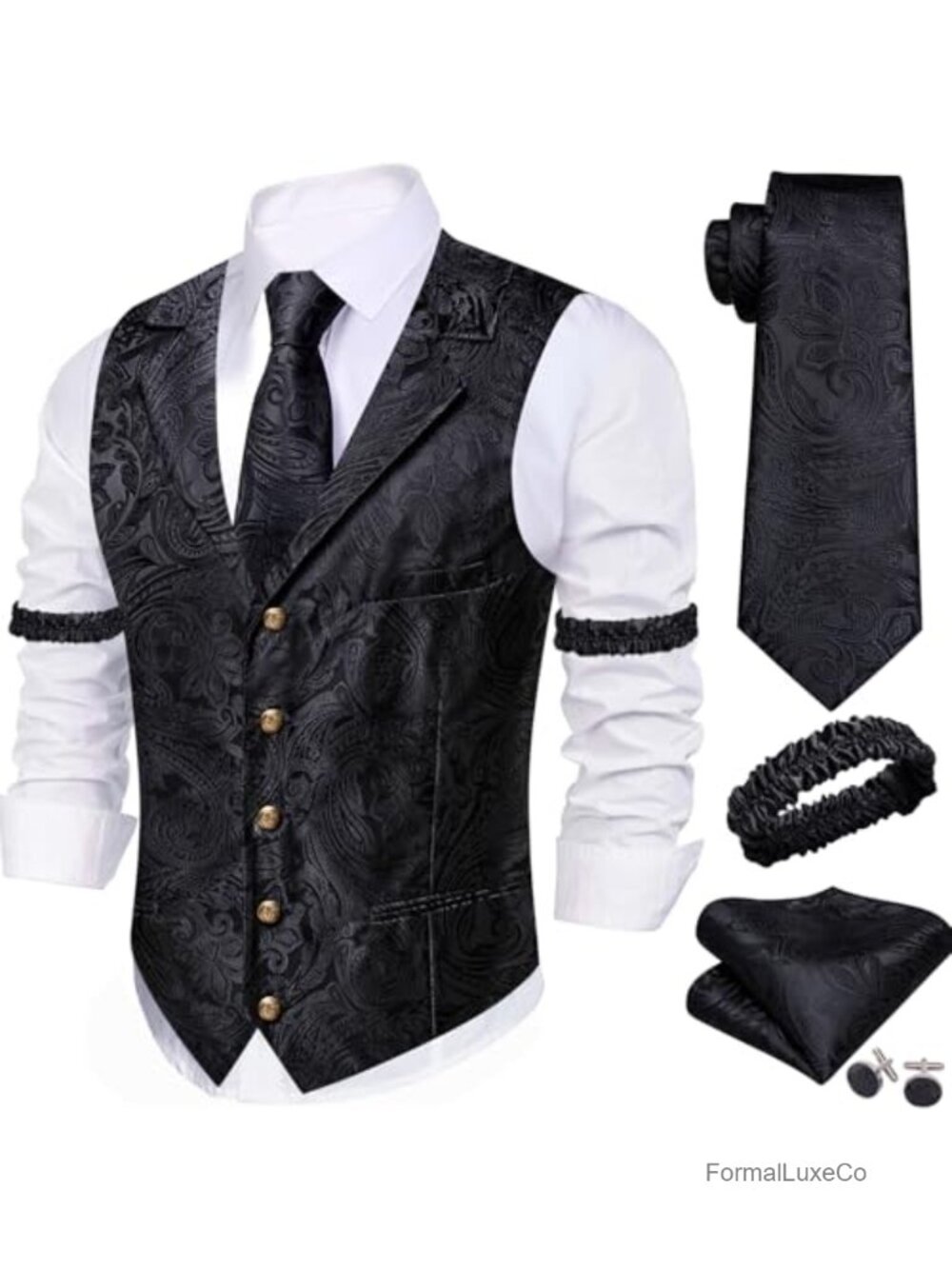 Silk Paisley Floral Suit Vest Tie Set 5 Piece Groomsmen Wedding